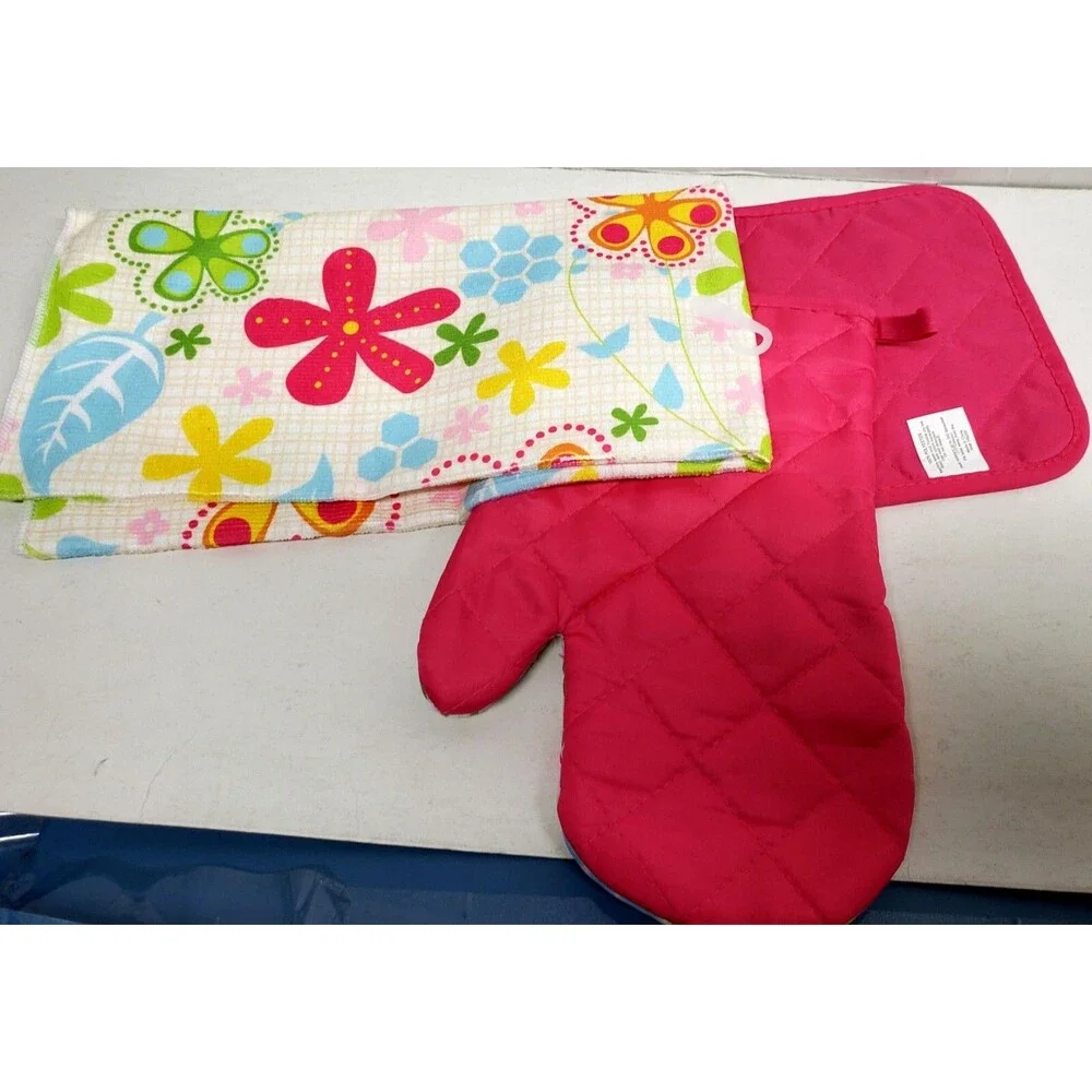 3pc Kitchen Set:1 Pot Holder,1 Oven Mitt,1 Microfiber Towel, Multicolor Flowers,